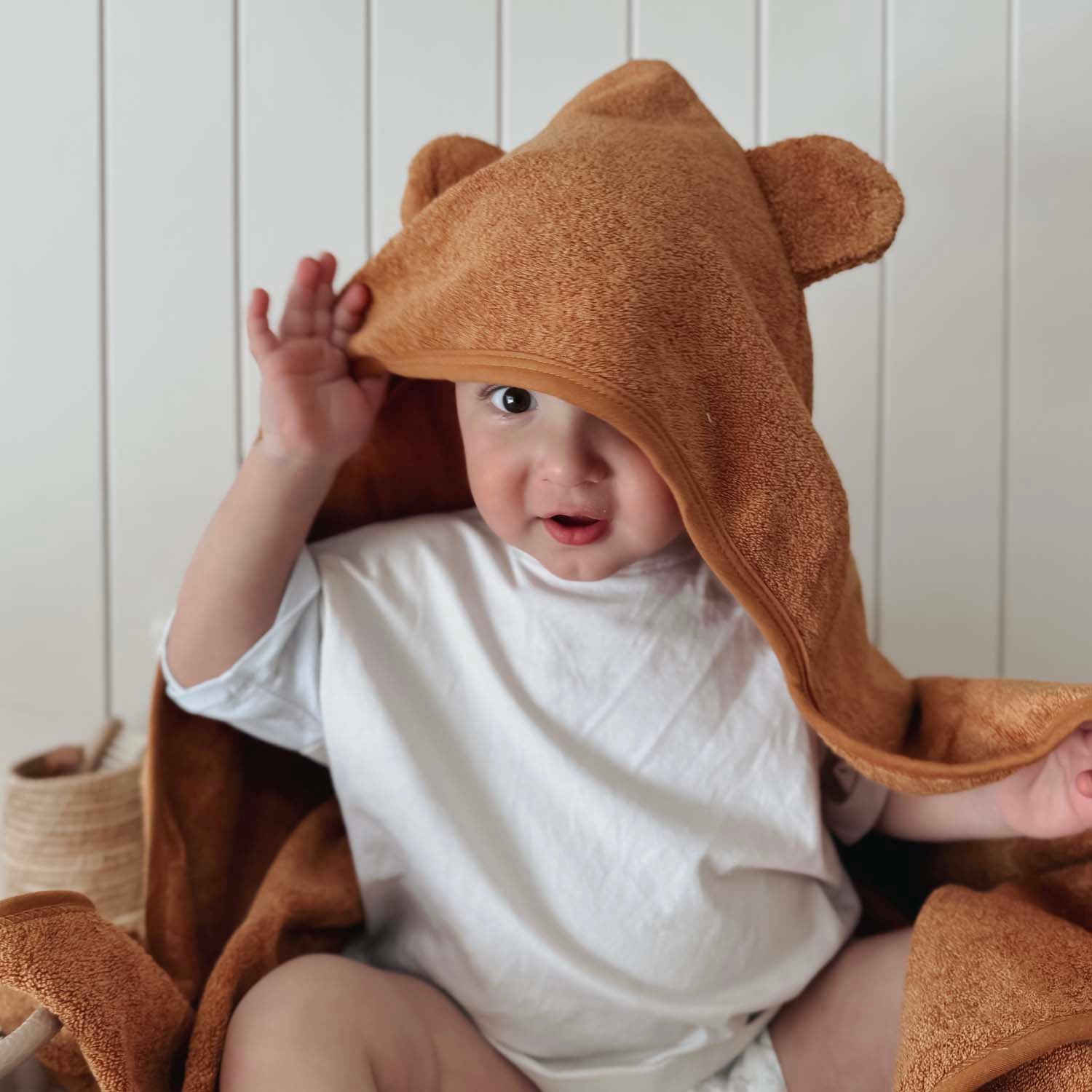 Billie & Byron Hooded Baby and Toddler Bath Towel with Bear Ears in Tan